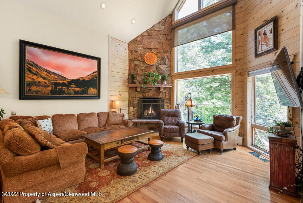 73 Juniper Court Marble, CO 81623 - Photo 15 of 47 a living room with furniture a fireplace and a floor to ceiling window
