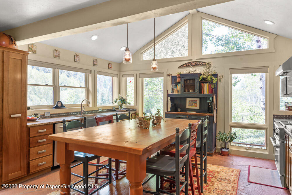 73 Juniper Court Marble, CO 81623 - Photo 16 of 47 a dining room with wooden floor and large windows