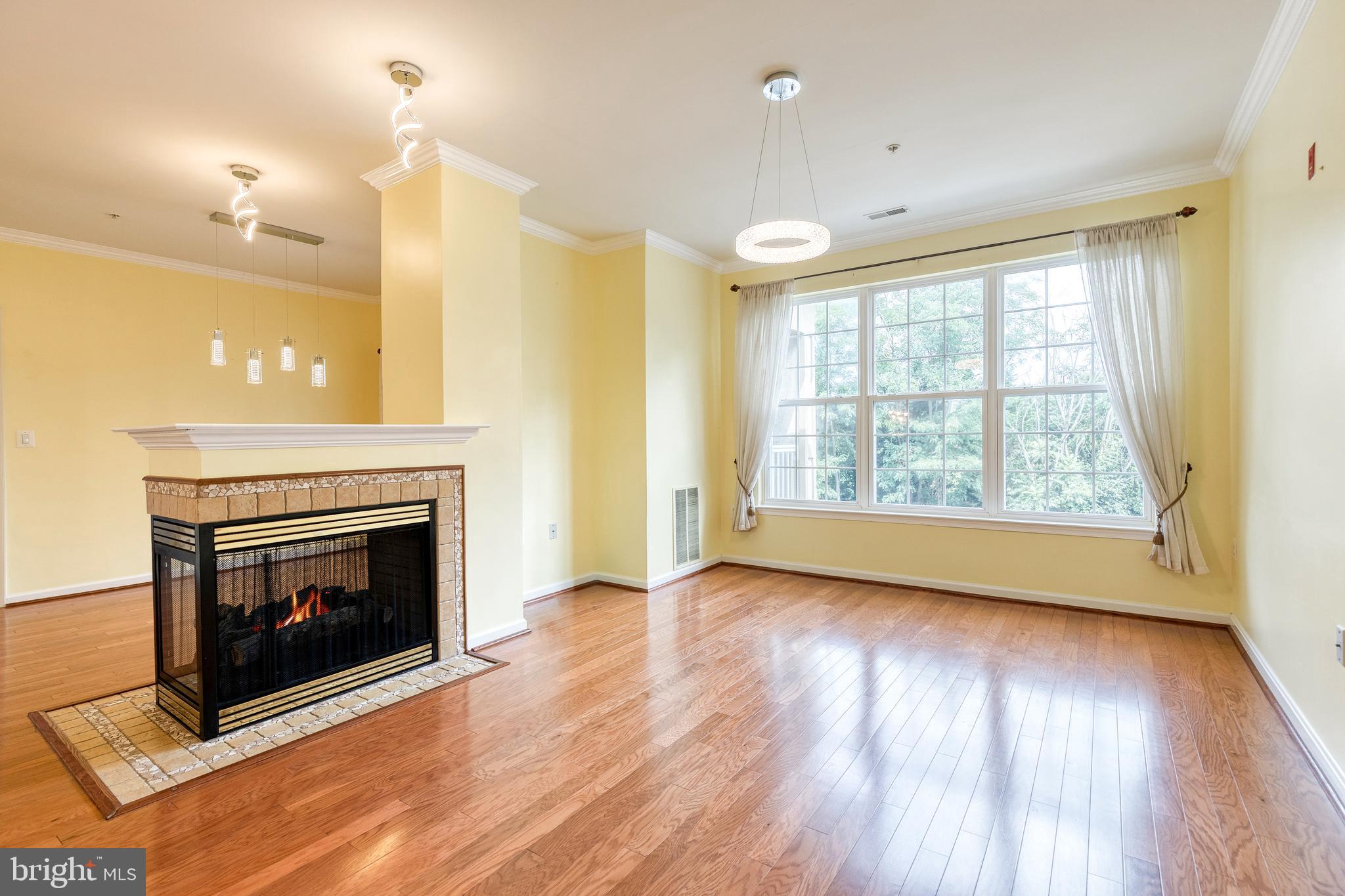 wooden floor fireplace and windows in an empty room