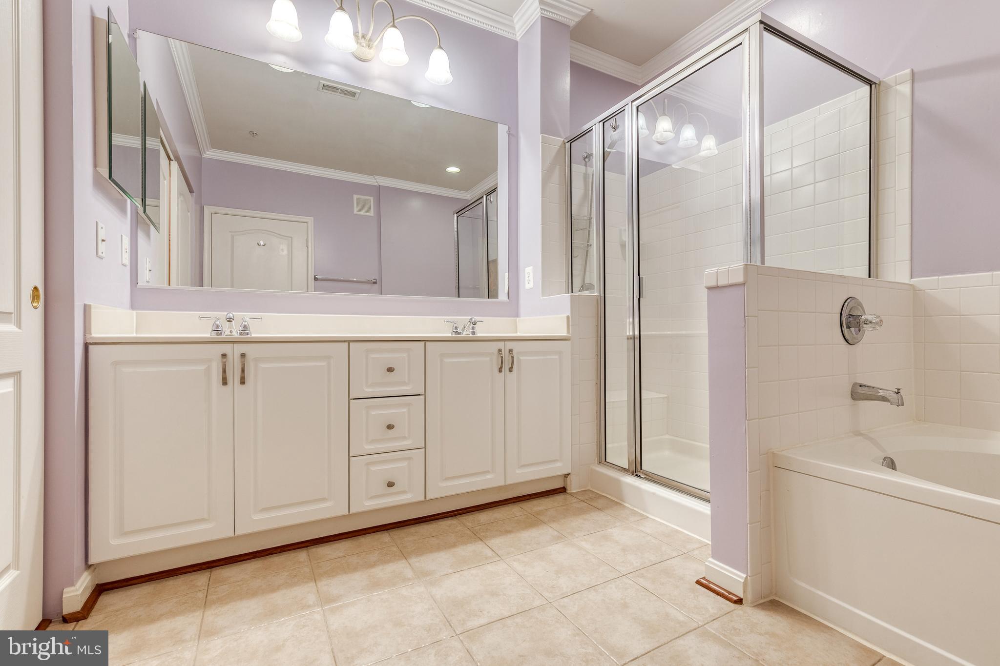 400 Symphony Circle, Unit 406 Hunt Valley, MD 21030 - Photo 19 of 37 a bathroom with a granite countertop sink a mirror a shower and a bathtub