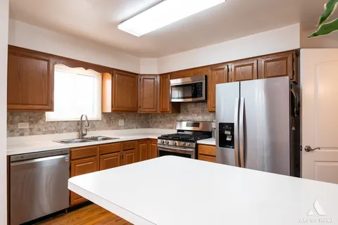 a kitchen with a refrigerator a sink cabinets and a refrigerator