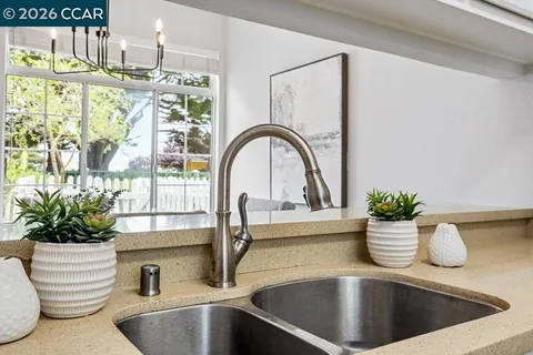 a view of a kitchen with a potted plant and a sink