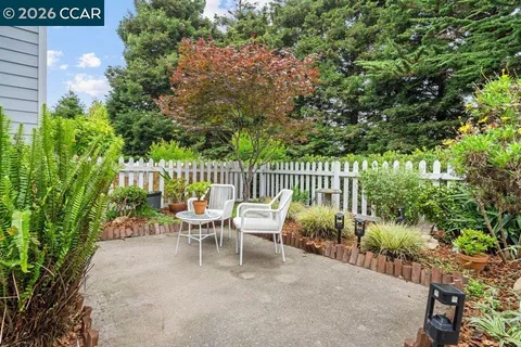 a view of a chairs and table in the backyard