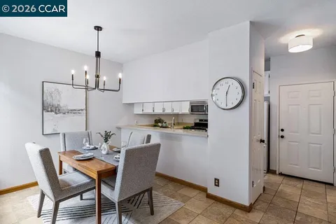 a view of a dining room and furniture