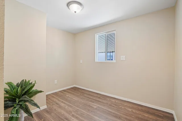 a view of empty room with wooden floor and a potted plant