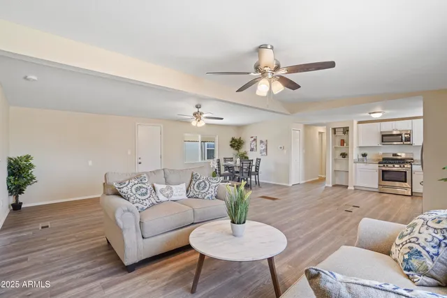 a living room with furniture kitchen view and a potted plant