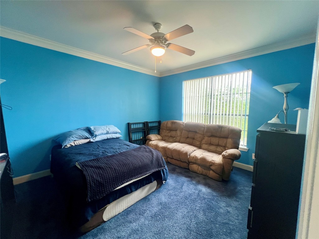 7701 Rialto Boulevard, Unit 1328 Austin, TX 78735 - Photo 16 of 17 Bedroom featuring carpet flooring, crown molding, and a ceiling fan