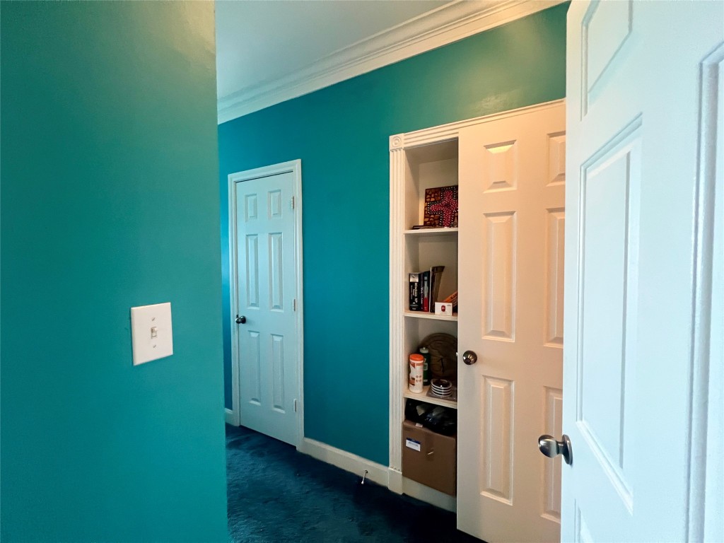 7701 Rialto Boulevard, Unit 1328 Austin, TX 78735 - Photo 9 of 17 Bedroom with crown molding, dark colored carpet, and a closet