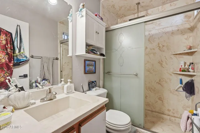 a bathroom with a sink toilet vanity and shower