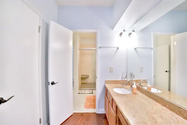 a bathroom with a sink a mirror and a shower