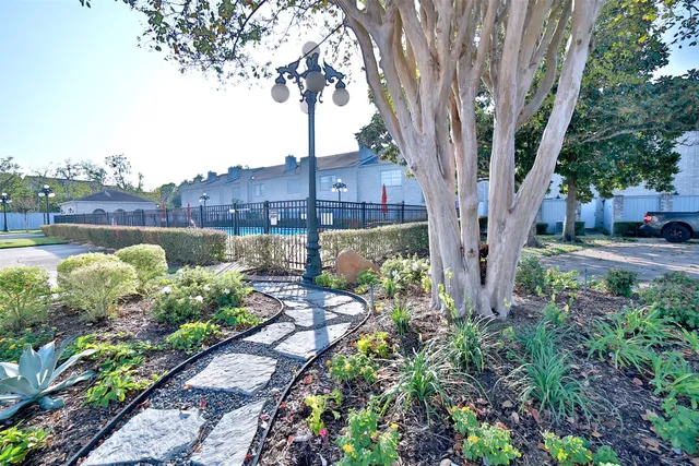 a view of a garden with a tree