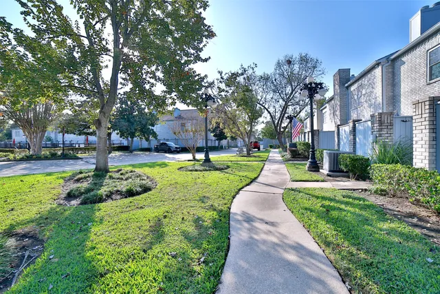 a view of a park with large trees