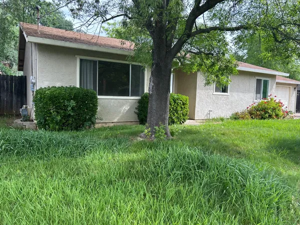 a view of a house with a yard and a large tree
