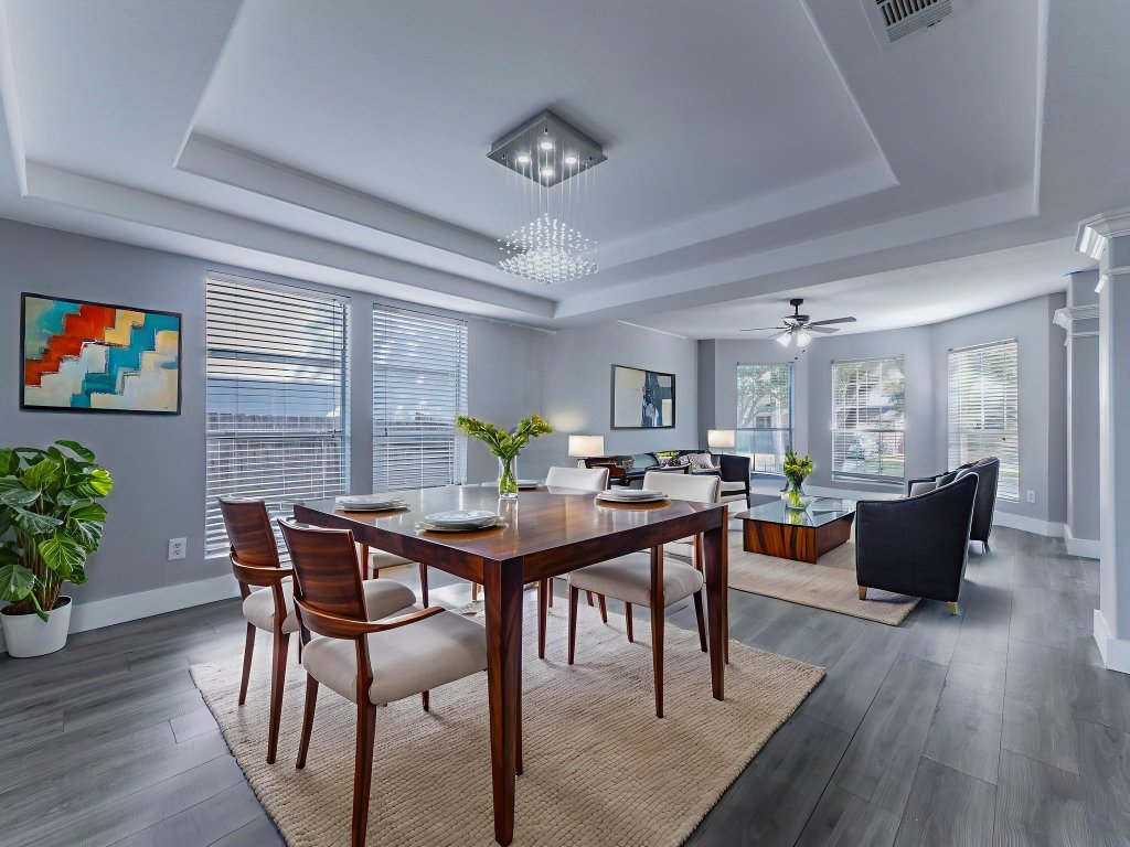 924 Satellite View Round Rock, TX 78665 - Photo 7 of 30 VIRTUALLY STAGEDDining space with healthy amount of natural light, dark wood-type flooring, and a ceiling fan