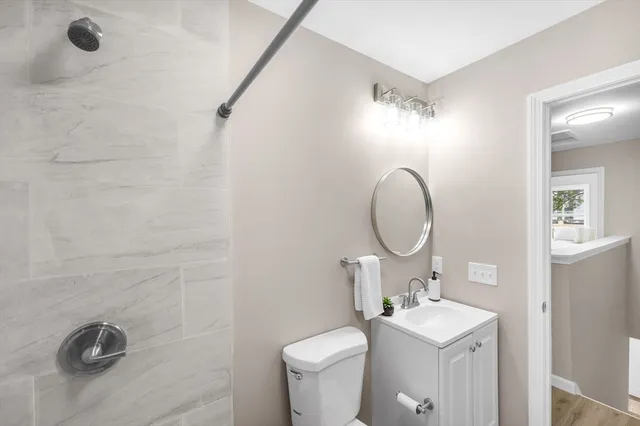 a bathroom with a toilet sink and mirror