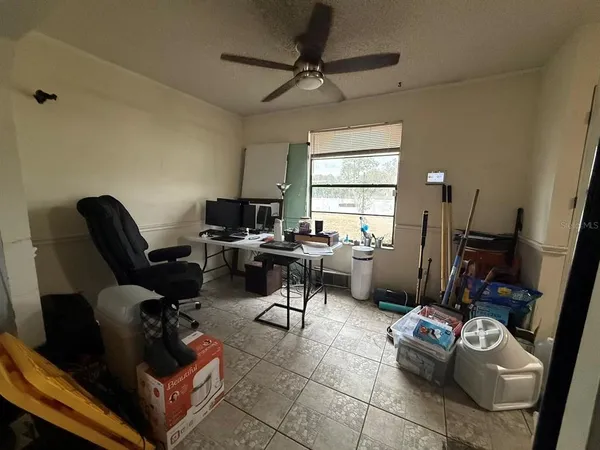 a living room with furniture a ceiling fan and a rug