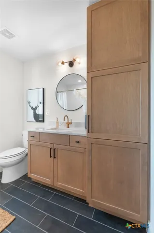 a bathroom with a toilet a sink and mirror