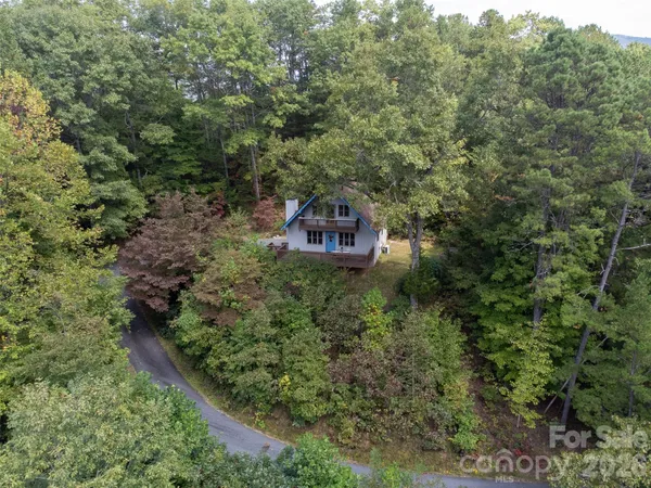 an aerial view of a houses with a lush green hillside