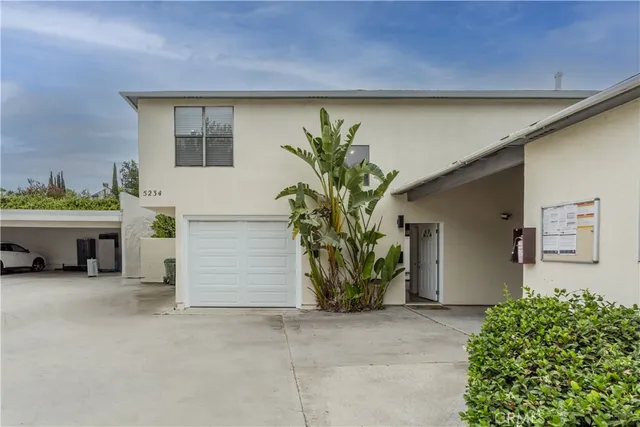 a couple of potted plants and a garage