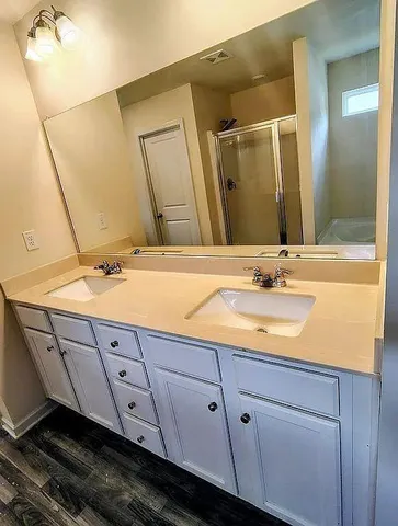 a bathroom with a sink and a mirror