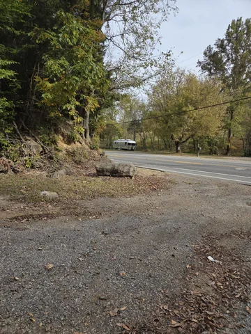 a view of dirt field with trees