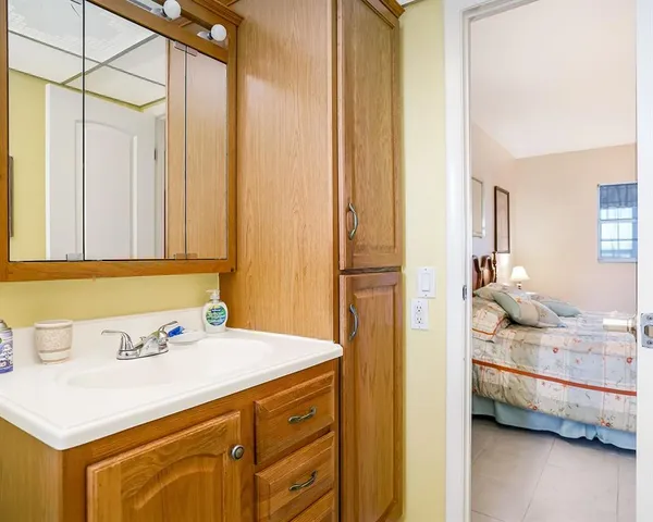 a bathroom with a sink and a mirror