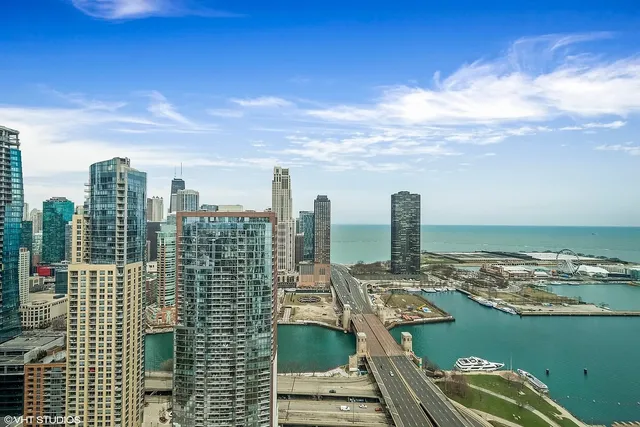 a view of a city with tall buildings