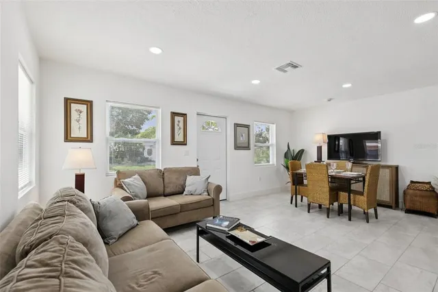 a living room with furniture and a potted plant