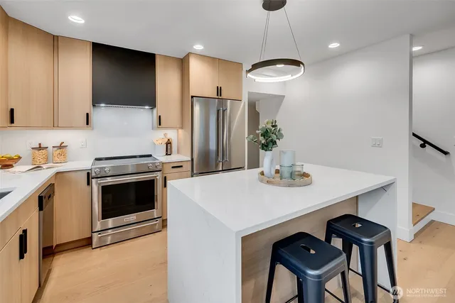 a kitchen with kitchen island a counter space a sink and appliances