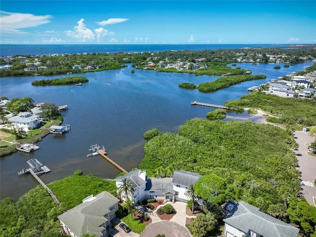 an aerial view of a house with a yard lake view and mountain view in back