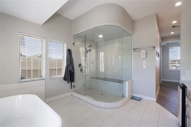 a view of a lake with a large pool