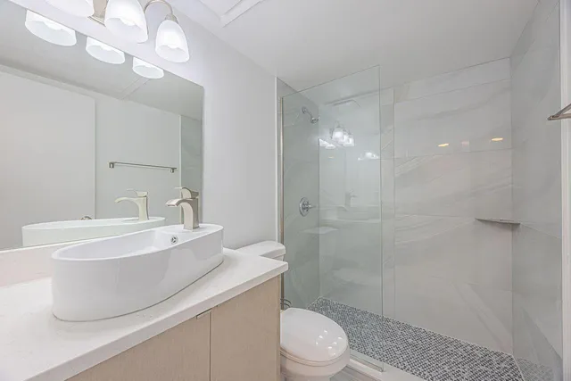 a bathroom with a sink a toilet a mirror and shower