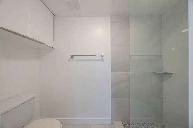 a bathroom with a shower and a toilet