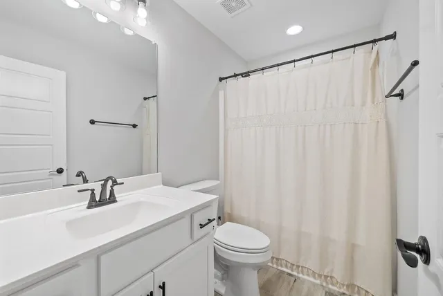a bathroom with a sink a toilet and shower curtain
