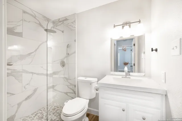 a bathroom with a sink toilet vanity and shower