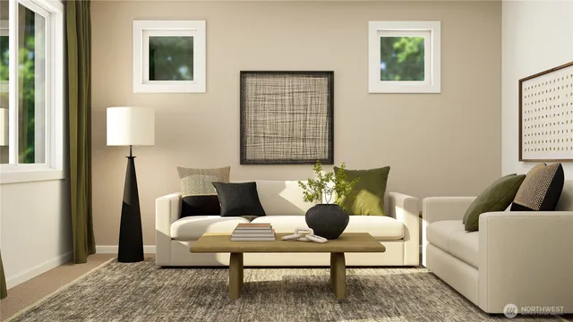 a living room with furniture and a potted plant