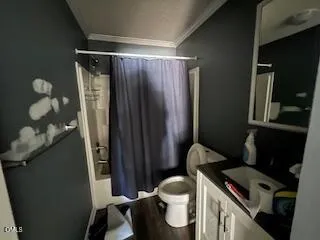 a bathroom with a toilet mirror and vanity