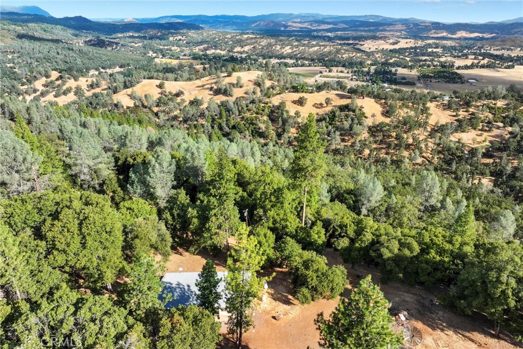 an aerial view of residential houses with outdoor space and trees