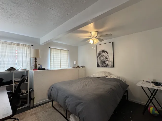 a bedroom with a bed and dresser with mirror