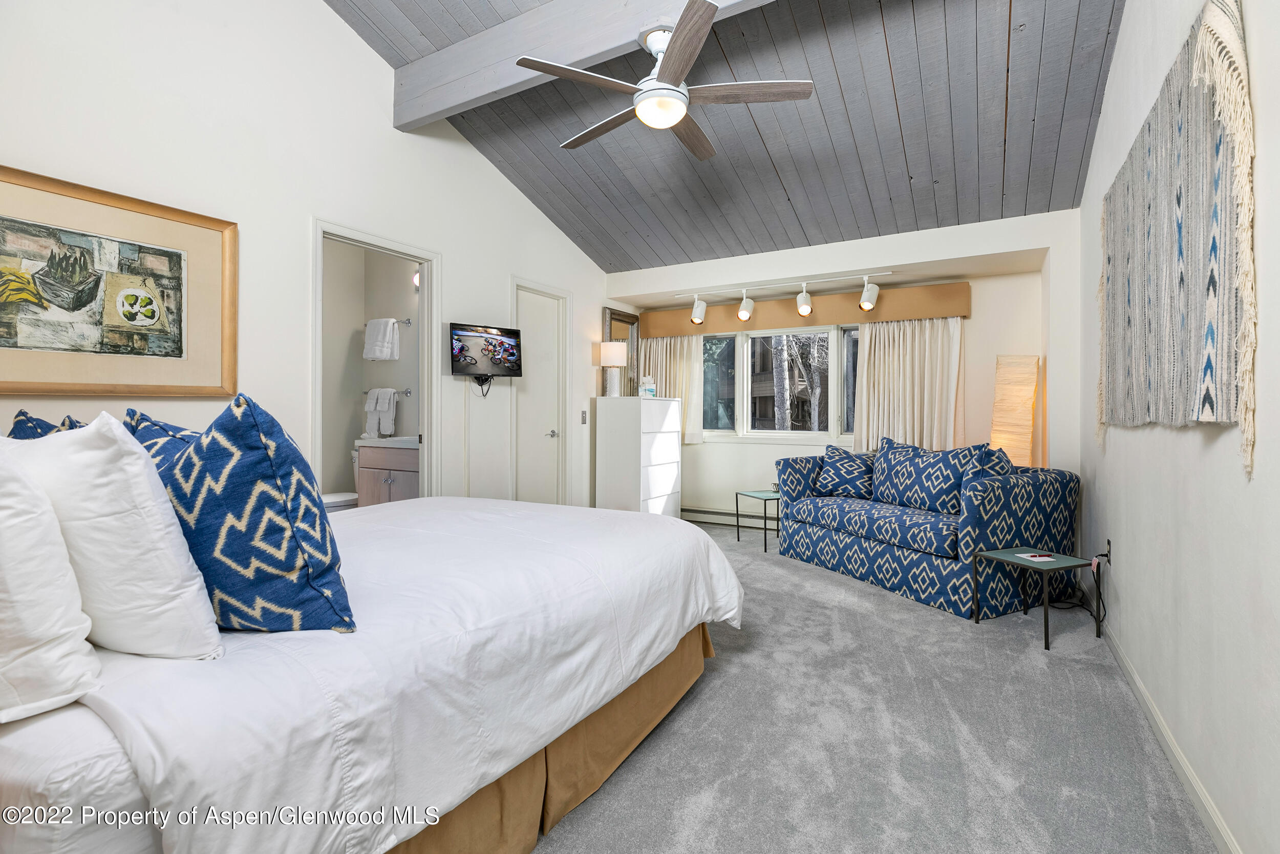 625 South W End Street, Unit 15 Aspen, CO 81611 - Photo 8 of 14 a spacious bedroom with a bed and ceiling fan