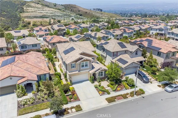 an aerial view of residential houses with outdoor space