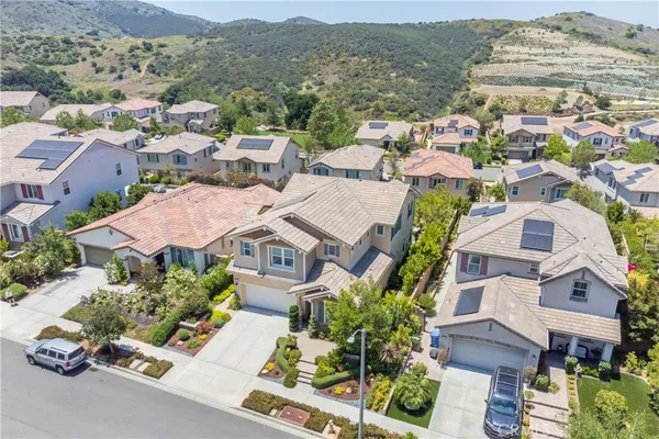 an aerial view of residential houses with outdoor space