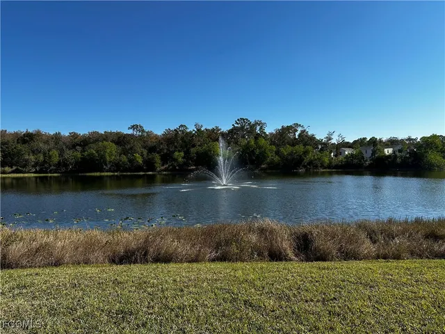 a view of a lake with a yard and large trees