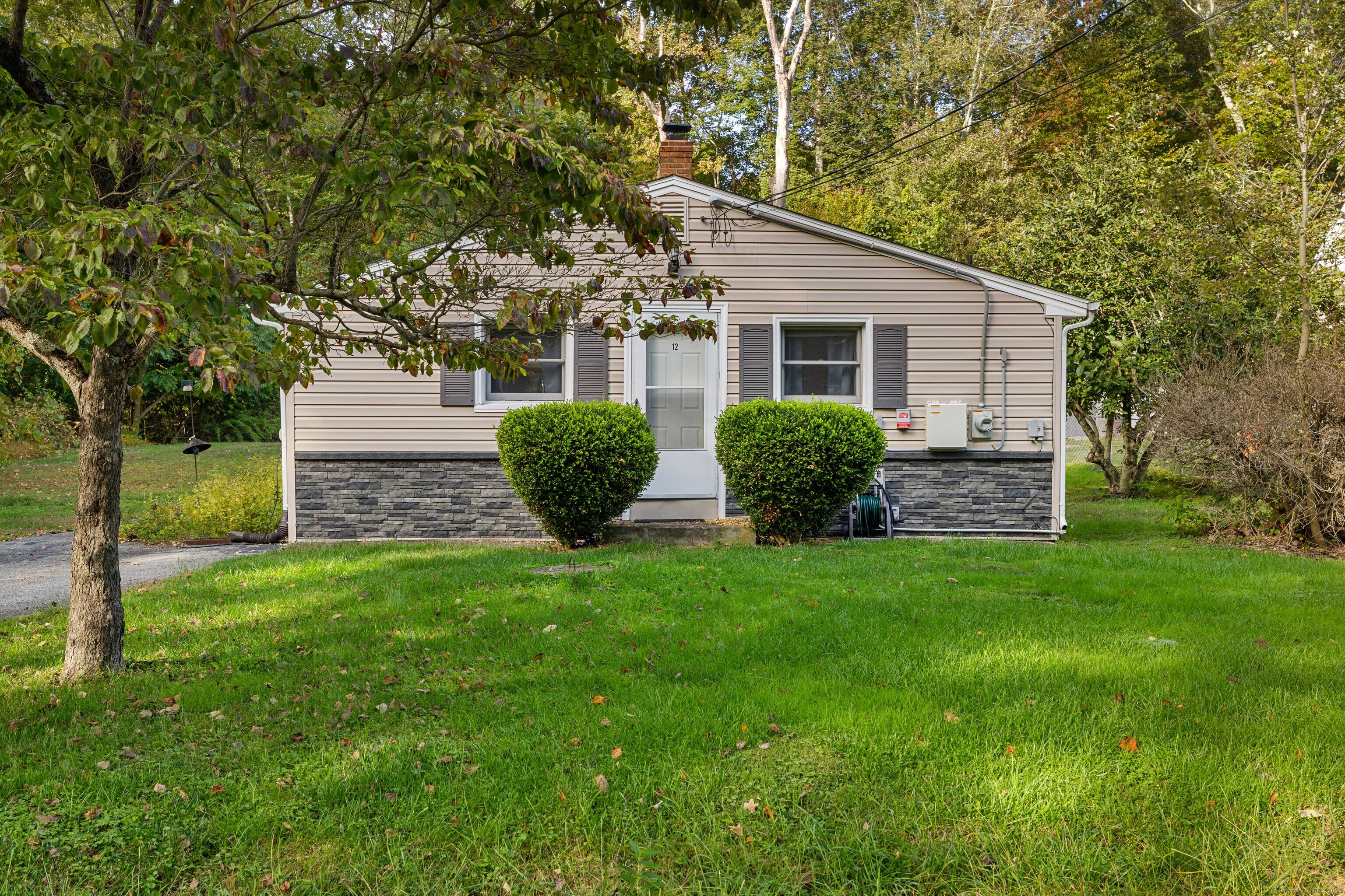 a view of a house with backyard and garden