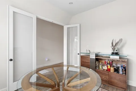 a view of a dining room with furniture