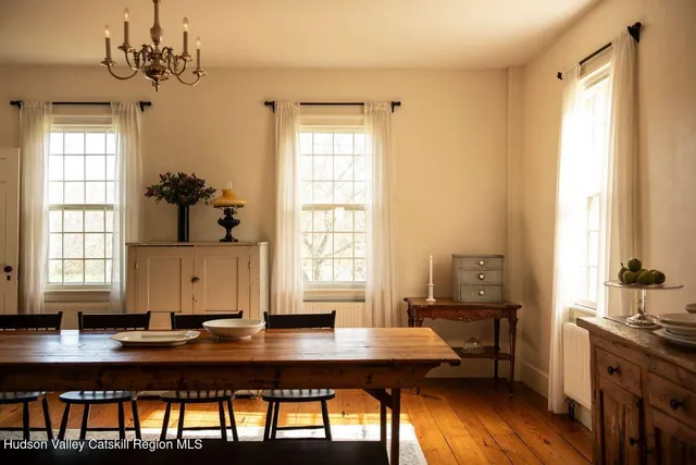 a view of a dining room with furniture window and wooden floor
