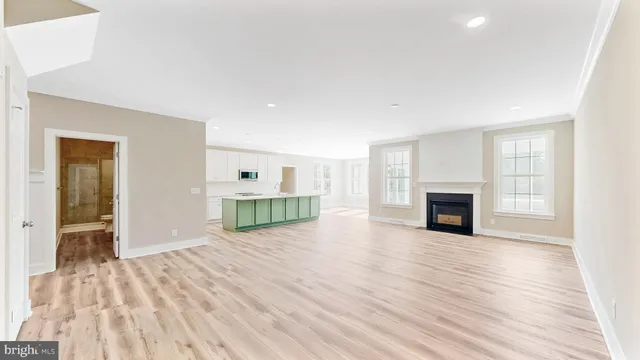 a view of empty room with wooden floor and fireplace