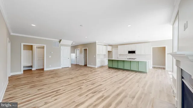 a view of a livingroom with an empty space and a fireplace