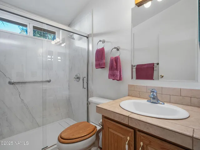 a bathroom with a sink toilet and shower
