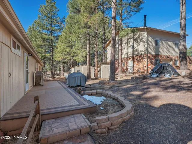 a view of a backyard with fountain